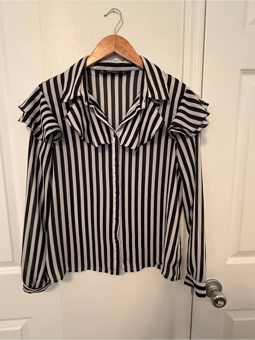 Zara Black & White Vertical Stripe Ruffle Button-Down Shirt